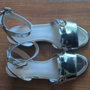 Cole Haan Womens Terrin Ankle Strap Sandals Metallic Wedge Heel Buckle